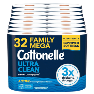 Cottonelle Ultra Clean Toilet Paper, 32 Family Mega Rolls=176 Regular Rolls