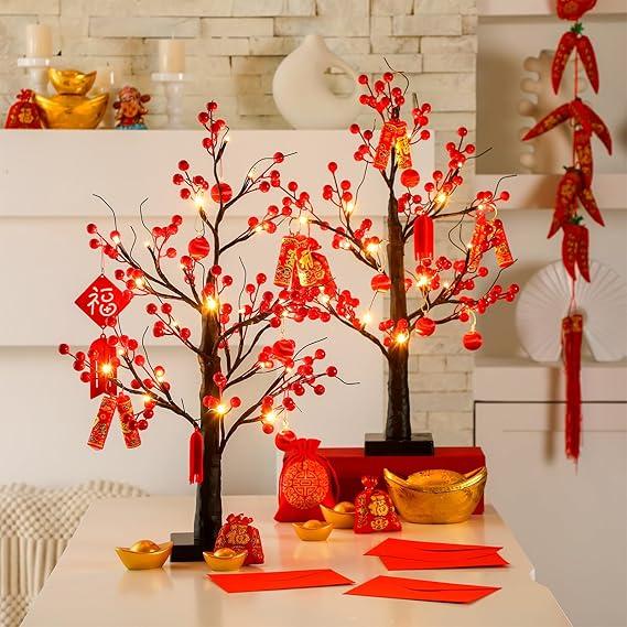 Realspring 2 Pcs Chinese New Year Decorations 2026 Lighted Lunar New Year Tree 24 LED Lighted Mini Birch Chinese Tree Lunar Table Decoration Centerpiece Red Festival Money Decor Operated by Battery