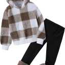Arshiner Girls 2 Piece Outfits Long Sleeve Fuzzy Hoodies Sweatshirts and Jogger Legging Pants Winter Tracksuits 7-8Y, Checkered Print
