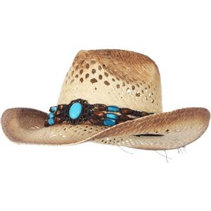 La Vogue Straw Cowboy Hat for Women Men Classic Roll up Brim Fedora Cowgirl Hat with Turquoise Belt (Yellow, M)