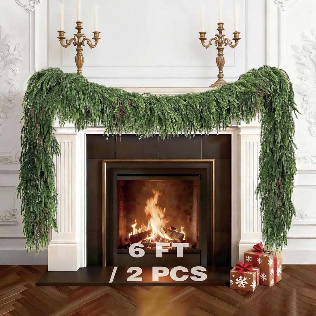 2Pcs, 6Ft Norfolk Pine Garland Christmas Decorations, Real Touch Norfolk Pine Garland with 120 Branches, Artificial Faux Greenery Christmas Garland for Mantle, Indoor Outdoor Winter Decor