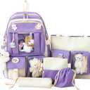 5-Piece Aesthetic Kawaii Backpack Set with Kawaii Pin and Pendants Accessories, Nylon Material | Durable & Adorable (Purple)