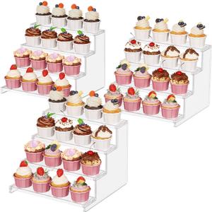 Lifewit 4 Tier Clear Display Stand Risers, 12 Inch Display Shelf for Cupcake, Perfumes, Desserts, Figurines, Organizer and Decor for Bedroom, Bathroom, Party, 3 Packs