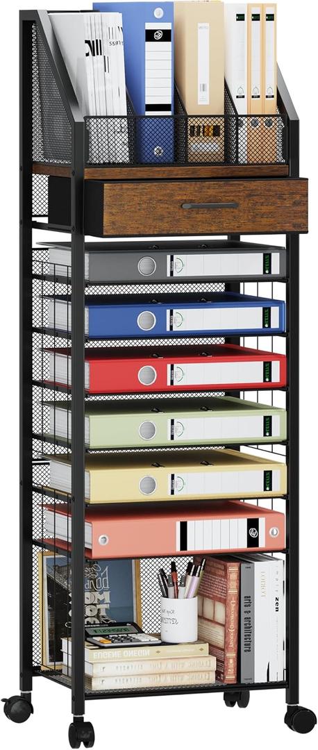 SWTYMIKI 9-Tier Rolling File Cart - Paper Organizer with Drawer and Trays, Wood Desk Office Organizer, Office Organization and Binder Storage for Workspace, Home, School, Espresso
