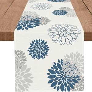 Blue Gray Table Runner Dahlia Pinnata Flower Beige Table Runners Modern Elegant Pompon Farmhouse Geometric Table Center Decor for Home Dining Party Entrance (13x90 Inch)