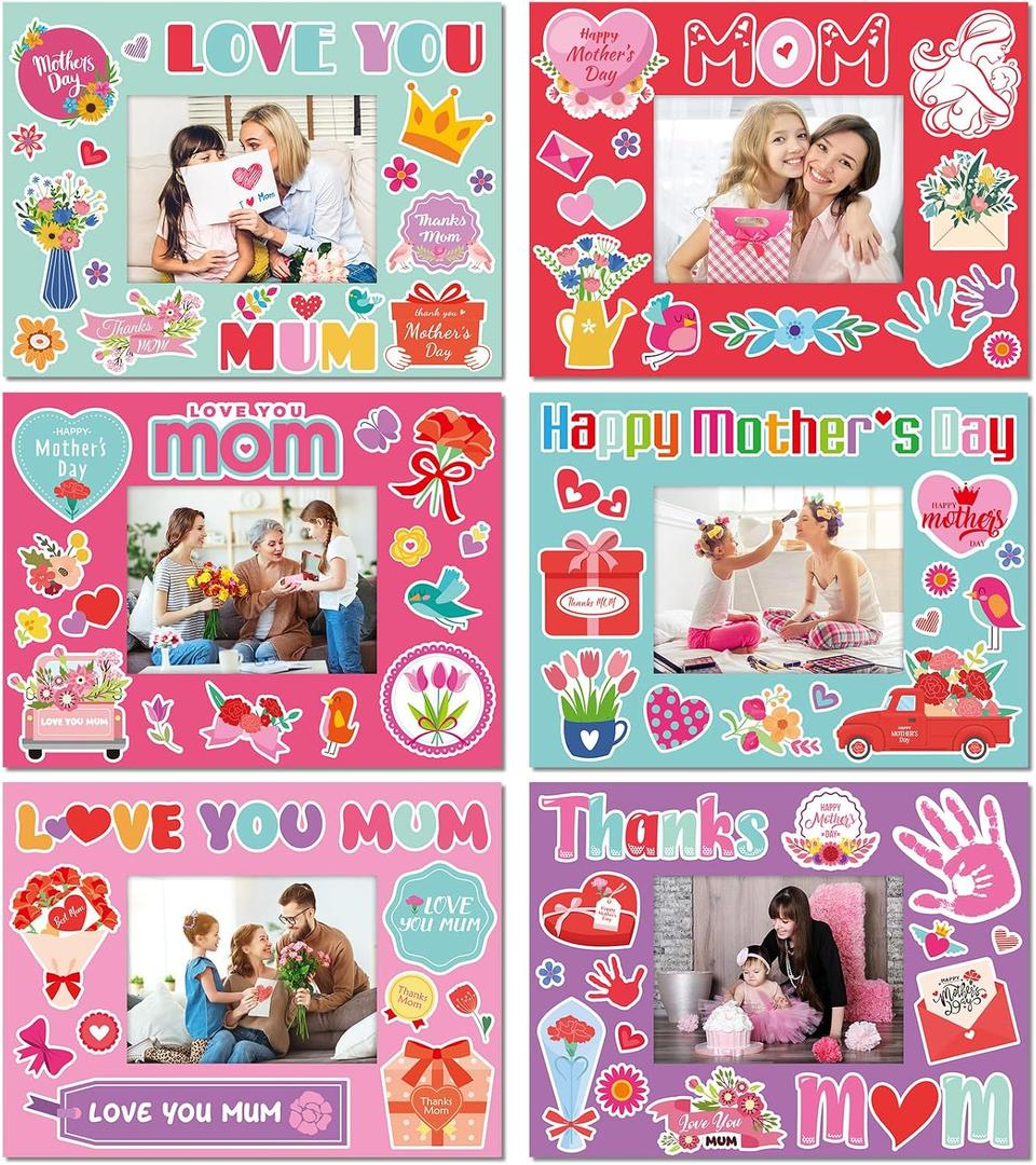 Pasimy 36 Pcs Mother's Day Picture Frames Craft Kits Include Pure Color Cardboard Picture Frames Sticker DIY Handmade Craft Photo Frame Decorate Gifts for Mother's Day Home Party