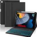 Keyboard Case for iPad 9th Generation-10.2 inch - 7 Colors Backlit Wireless Detachable Folio Keyboard Cover with Upper Pencil Holder for iPad 8th/7th Gen/iPad Pro 10.5"/iPad Air 3rd Gen - Black