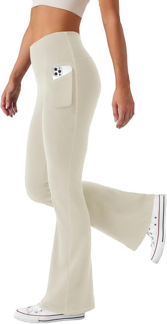 Women's Flare Yoga Pants with Pockets High Waist Casual Bell Bottom Bootcut Leggings (Small, Khaki)