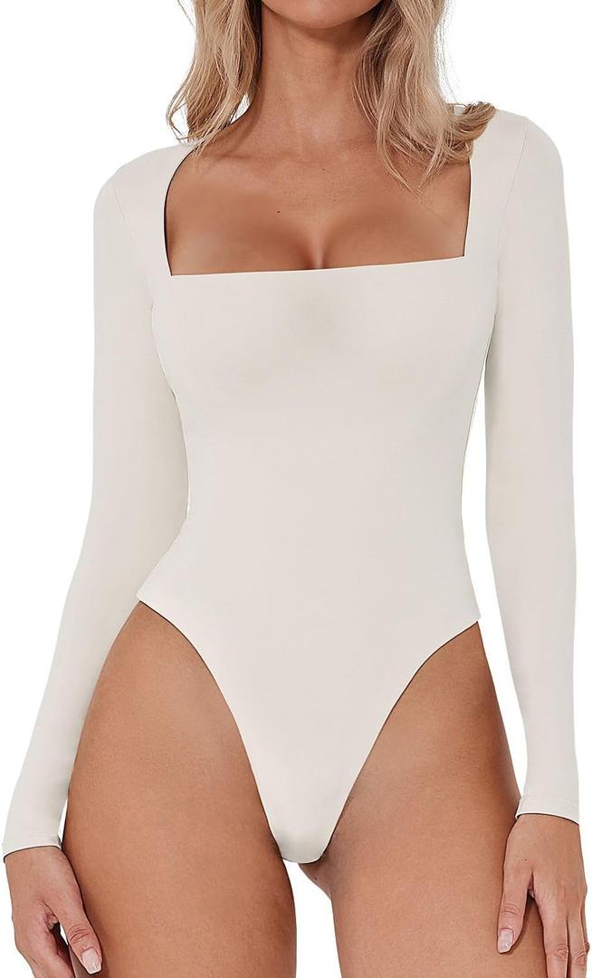 QINSEN Women's Sexy Square Neck Bodysuit Long Sleeve Double Lined Shirt Tops (Large, White)