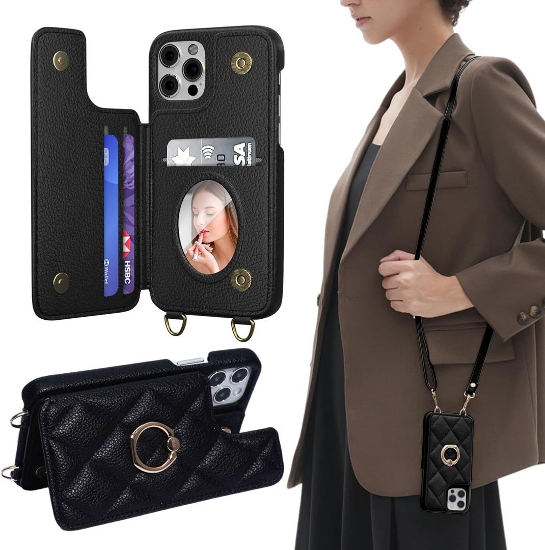 Crossbody Wallet with Cosmetic Mirror Case for iPhone 16 Pro, UP Leather Case with Card Slots Invisible Stand, Women Detachable Lanyard 6.3-Inch Phone Case Balck Black