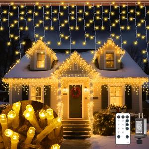 Valentine's Day Decorations Lights Outdoor, Ice Light Yellow 33FT 306 LED 8 Modes Plug in Twinkle Fairy Light String with Remote Timer Memory for Roofline Yard Party Wedding Camping Decor (Warm White)