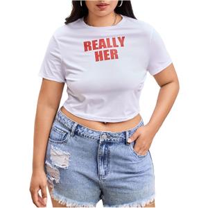 RoseSeek Women's Plus Size Letter Graphic Tees Short Sleeve Crew Neck T-Shirts Crop Tops (White, XL)