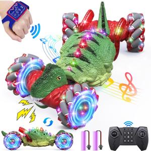 Remote Control CarDinosaur Toys car for Kids2.4GHz LED Gesture Sensing RC Car4WD Rotation RC Stunt Car with Lights and MusicDino Toys for Kids Ages 3 4 5 6 7 Gifts for Boys Girls(Red)