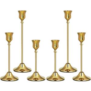 Gold Candlestick Holders Set of 6, Weighted, Metal Taper Candle Stick Holders, Vintage Christmas Brass Home Decor for Table, Mantel, Room Decorations Housewarming Gift Gold