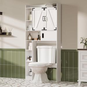ChooChoo Over The Toilet Storage Cabinet, Farmhouse Bathroom Storage Cabinet with Sliding Door, Over Toilet Storage with Adjustable Shelves, Space-Saving, Antique White