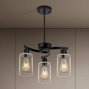 3 Light Modern Dining Chandeliers Over TableBlack Light Fixture for Dining RoomFarmhouse Chandelier with Glass ShadeIndustrial Pendant Lights Kitchen IslandFoyer,Hallway, Bedroom