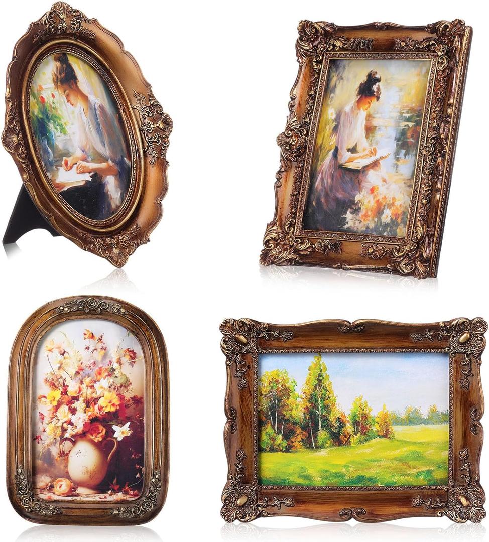 Geetery 4 Pcs Vintage Picture Frames Set, Bronze Ornate Baroque Frames for Gallery Wall, Antique Victorian Decorative Photo Frame for Tabletop or Wall Display, Shabby Cottagecore Home Decor