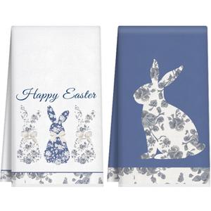 Frienda 2 Pcs Blue Easter Kitchen Towels Blue Floral Easter Hand Towels Bunny Dish Towel 17 x 26 Inch Rabbits Bow Decor Kitchen Towel Spring Farmhouse Holiday Room Decoration