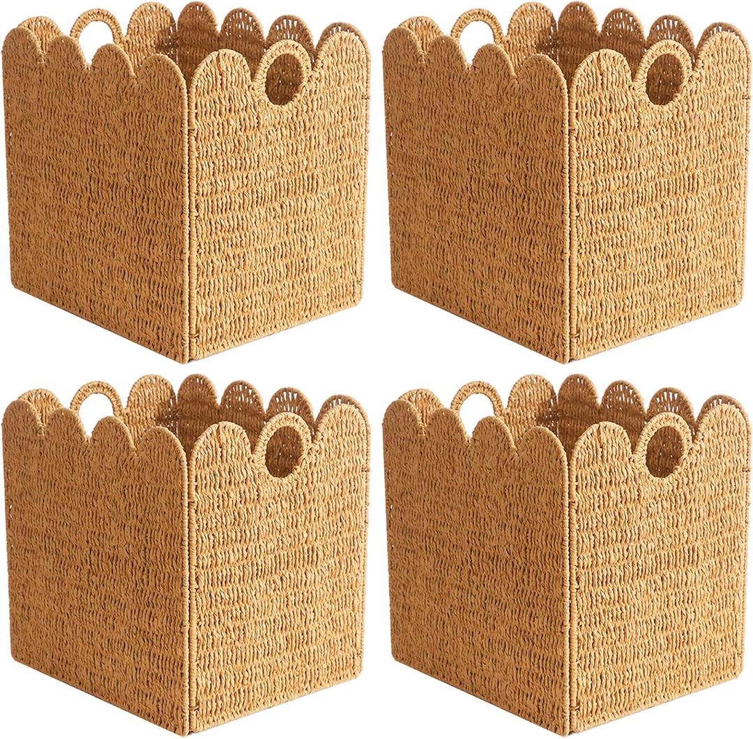 Scalloped Wicker Storage Cubes Basket, 12x12 Heavy Duty Paper rope/Hyacinth/Seagrass Baskets for Shelves, Foldable Natural Boho Square Bins (Paper Rope, 12 x 12 x 12in, 4-Pack)