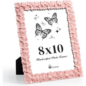 Axeman 8x10 Picture Frame, Flower Textured Hand-Crafted Resin Cute Photo Frame with HD-Tempered Glass for Tabletop & Wall Display, Decorative Floral Design Home Dcor, Art, Wedding, Pink
