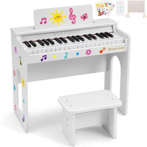Kids Piano Keyboard, 37 Keys Wooden Digital Piano for Kids with Bench,Song Book, DIY Stickers, Cover, Education Creative Musical Instruments Toy for Boys & Grils Gifts