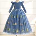 IBTOM CASTLE Flower Girl Dress Long Sleeve Velvet Floral Embroidery Tulle Tutu Dresses Fall Winter Wedding Formal Ball Gown (Blue)