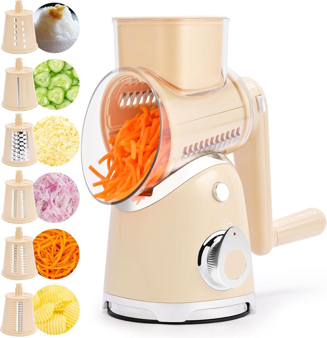 SUSTEAS Rotary Cheese Grater with Handle, Vegetable Slicer, 6 Interchangeable Blades, Reinforced Suction, Easy to Clean, Kitchen Shredder for Crushed Ice, Fruits, Nuts with Blade Storage Case, Beige