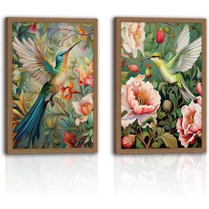 2Pcs Framed Vintage Hummingbird Wall Art, Floral Bird Wall Decor Paintings, Textured Nature Botanical Pictures Prints Aesthetic Home Decor for Living Room Bedroom Bathroom Office 16x24 inch