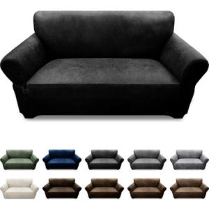 Loveseat Sofa Slipcover Leather Look Couch Covers for 2 Seater Couch Sofa 1-Piece Sofa Cover Stretch Furniture Protector with Elastic Bottom & Pockets(Loveseat, Black)