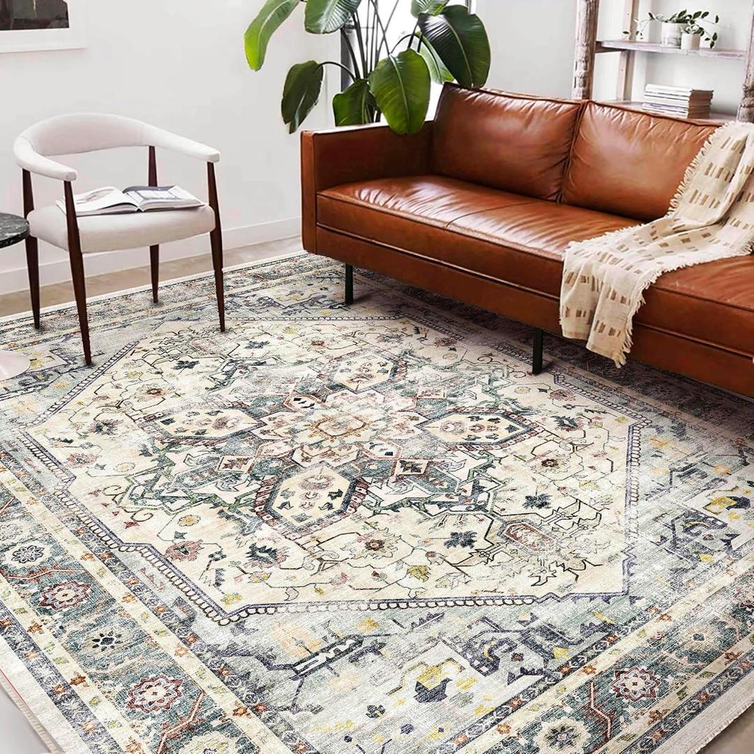 Area Rug 6'x9' Cyan Khaki Washable Vintage Traditional Floor Cover Thin Retro Kitchen Indoor Distressed Non Slip Carpet for Living Room Bedroom Dining Room (6' x 9' (Rectangular))