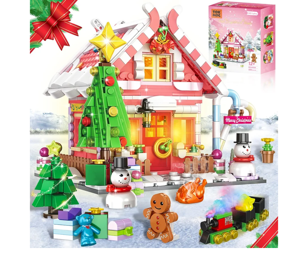GIVFOZAY Christmas Gingerbread House Building Block, Christmas Village House Building Set, Contain Christmas Tree and Train, Xmas Brick Toy Gifts for Adults Teens and Kids 1288PCS (Pink)