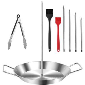 Stainless Steel Shawarma Pan for Oven & Grill - Vertical Skewer with Gyro Plate & 5 Spikes (6"-14") in Middle - Al Pastor Rotisserie for Tacos, Chicken, Pork - Gyro Cooking Pan, Roasting Skewer Stand.
