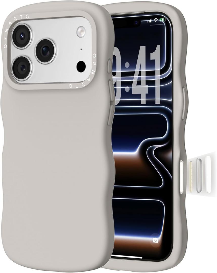 ORNARTO for iPhone 17 Pro Max Case for Women Girls Cute Wave Edge | Camera Control Button | Shockproof Liquid Silicone Phone Case for iPhone 17 Pro Max 6.9", Stone Gray