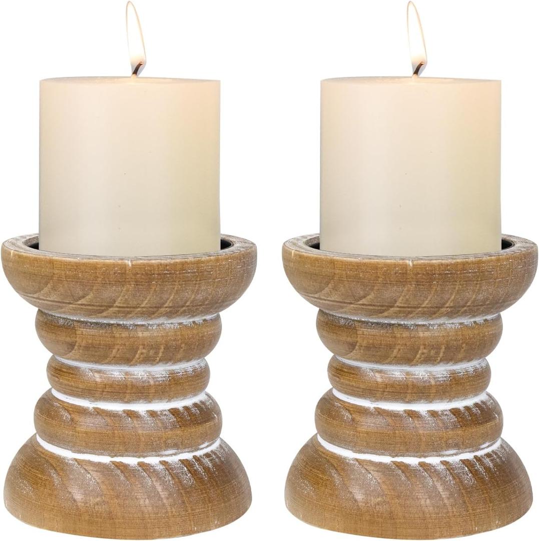 Candle Holder for Pillar Candle Set of 2, Farmhouse Wood Candle Holder, Rustic Wooden Candle Stand, Vintage Small Wooden Candlestick Holders for Living Room, Table Centerpiece, Brown
