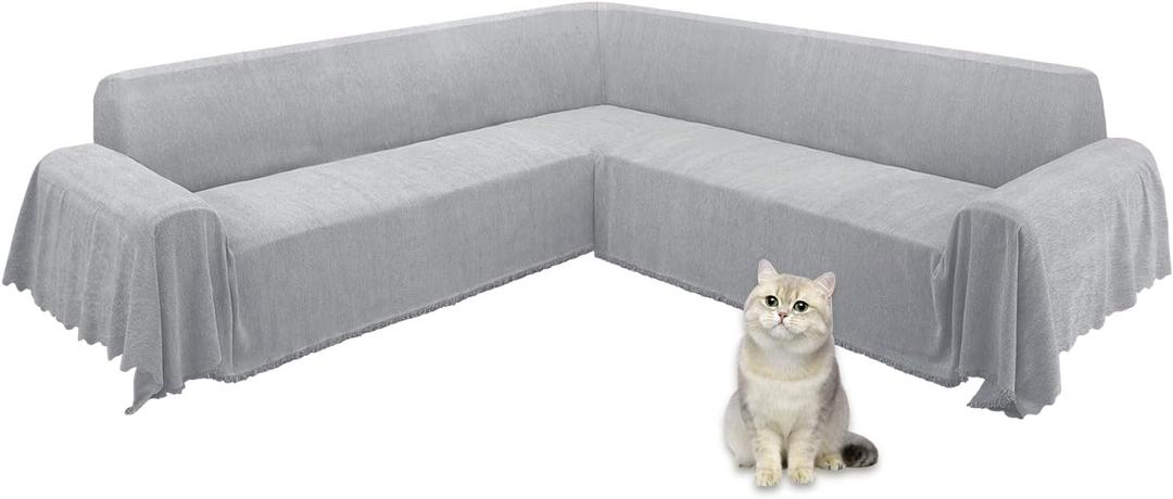 ALIECOM Corner Sectional Couch Covers L Shape Sofa Cover with Tassel Chenille Soft Thick U Shaped Sectional Slipcovers Washable Furniture Protector for Pets Dogs Cats (Middle Grey, 91x251 Inch)