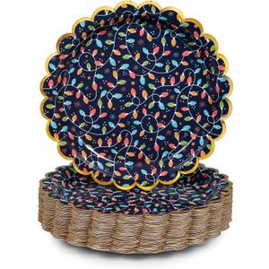 Christmas Paper Plates, 50-Count Disposable Christmas Dinner Plates, Scalloped Gold, Party Supplies