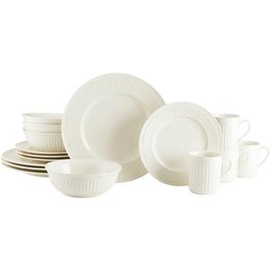 Mikasa Italian Countryside 16-Piece Dinnerware Set - Classic White Porcelain with Fluted Bands, Service for 4 - Dinner Plates, Salad Plates, Bowls, and Mugs, Microwave & Dishwasher Safe