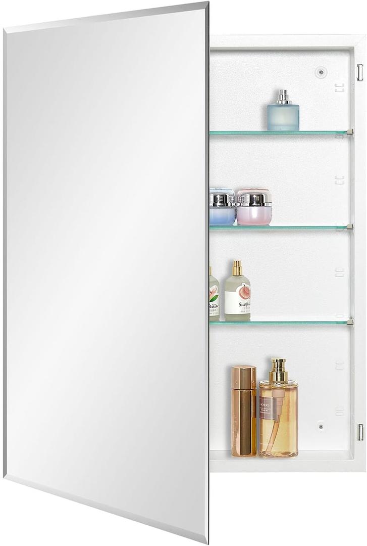 Bathroom Medicine Cabinet with Beveled Edge Mirrored Door 24 x 30 inch, Recessed or Surface Mount, with Adjustable Glass Shelves (Matt White)