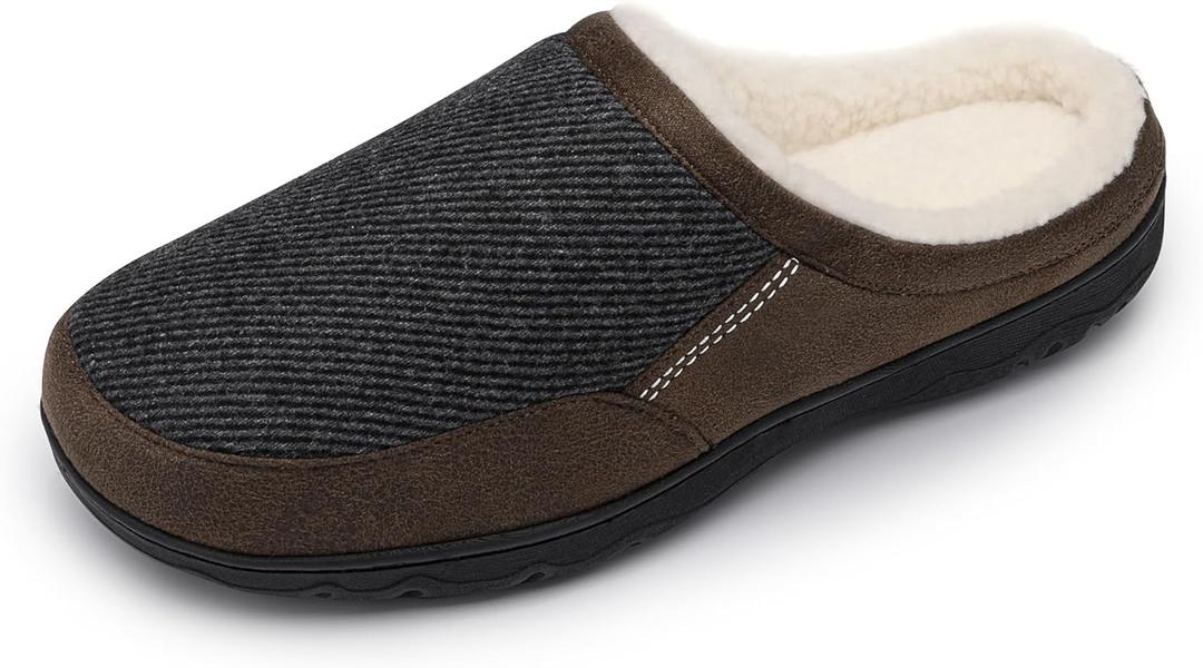 DREAM PAIRS Men's Cozy Memory Foam Slippers with Fuzzy Wool-Like Lining, Slip-on Washable Indoor Outdoor House Shoes (7-8, Brown/Grey)