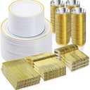 BESTVIP 600PCS Gold Dinnerware Set for 100 Guests, Plastic Plates for Party, 100 Gold Disposable Plates, 100 Dessert Plates, 100 Cups, 100 Spoons, 100 Forks and 100 Knives