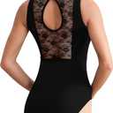 Women Turtleneck Ballet Dance Leotard Adult Black Tank, Gymnastic Dancewear, Chest Padding, Lace Hollow Back (Small)