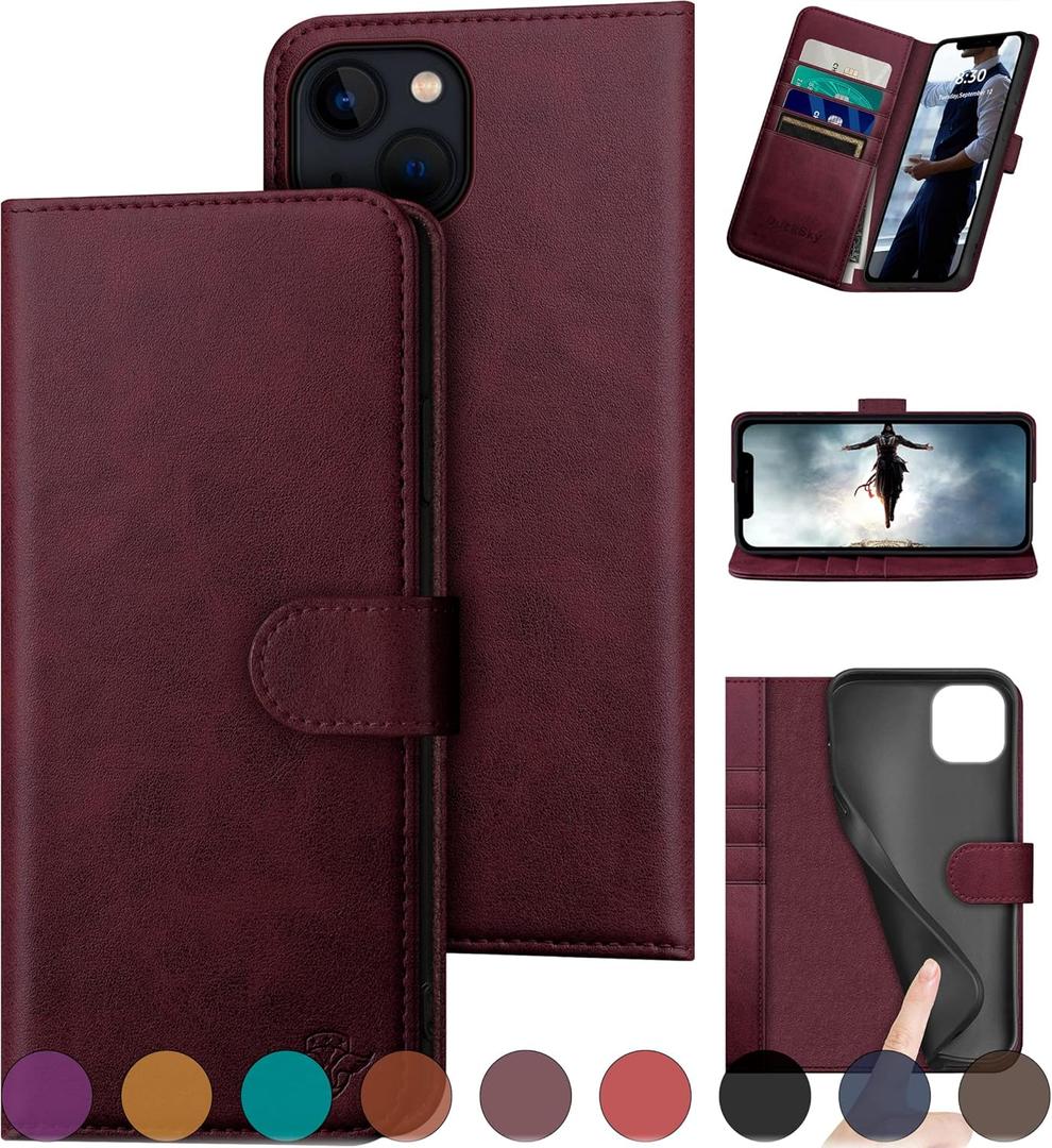 DuckSky for iPhone 13 6.1" Genuine Leather Wallet case RFID Blocking4 Credit Card HolderReal Leather Flip Folio Book Phone case Protective Cover Women Men for Apple 13 case Burgundy