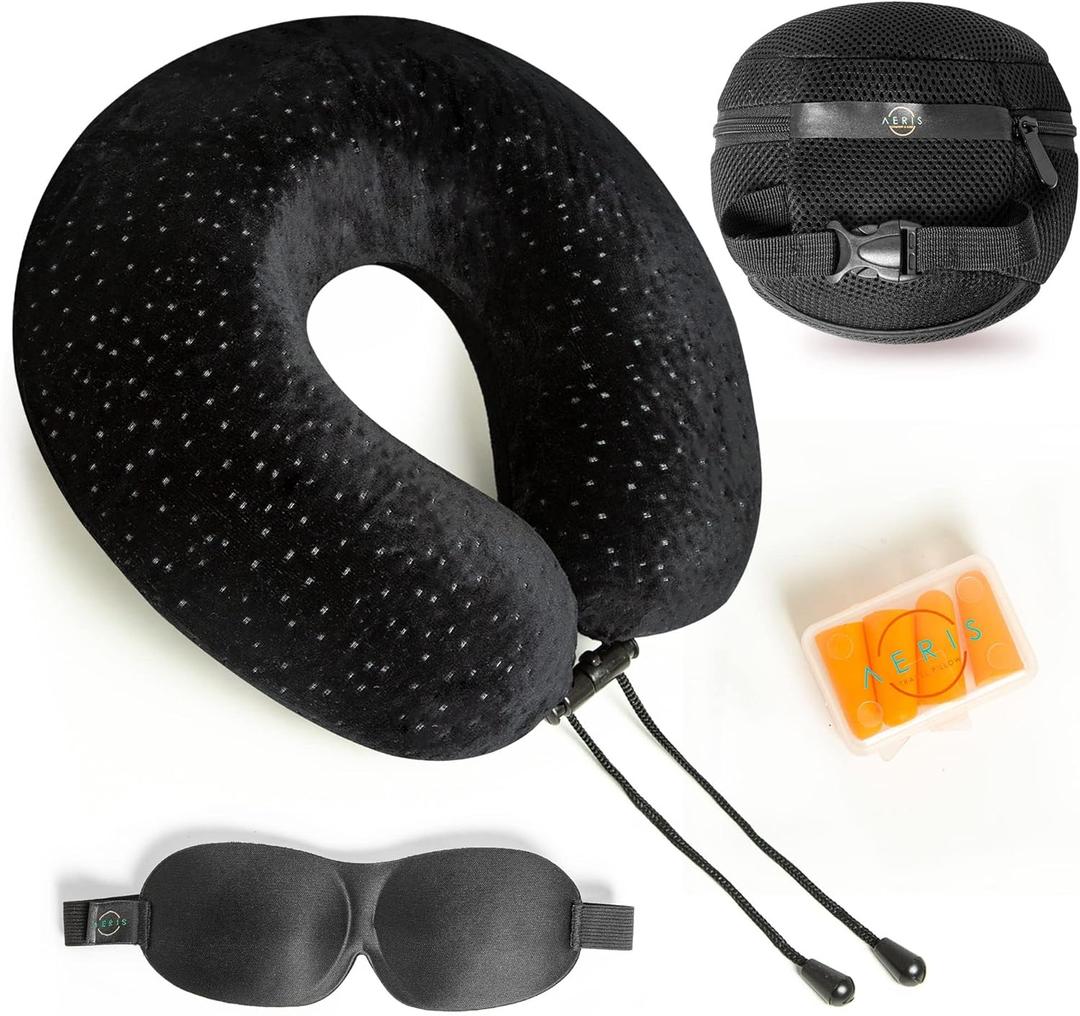 Aeris Memory Foam Travel Pillow for Airplanes - Best Airplane Neck Pillow for Long Flights - Plane Accessories Carry Bag to Save Space, Ear Plugs and Eye Mask - Perfect Flight Set & Gift (Black)