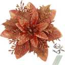 GREENTIME 12 Pcs Glitter Poinsettia 5.5" Artificial Flowers Christmas with Clips Stems Xmas Tree Ornaments for New Year Party Stairs Fireplace Porch Balcony Garden Church Wreath Decoration (Brown)