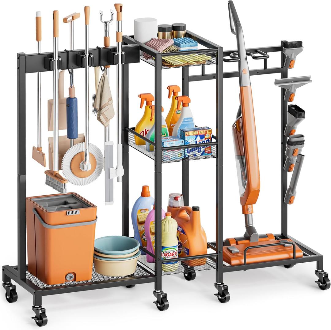 Broom Holder with Cleaning Supplies Organizer, Broom Closet Storage Cabinet with Cleaning Caddy Vacuum Stand, Cleaning Cart with Mop Hanger Gripper Rack Hook, Laundry Room Organization Home Essentials, 40 inches L x 11.8 inches W x 33.46 inches H