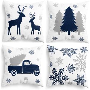 CaliTime Christmas Throw Pillow Covers Decorative 20 X 20 Inches Set of 4 Cozy Fleece Trees Deers Car Snowflakes Cushion Cases for Couch Sofa Bed Living Room Farmhouse Navy Blue