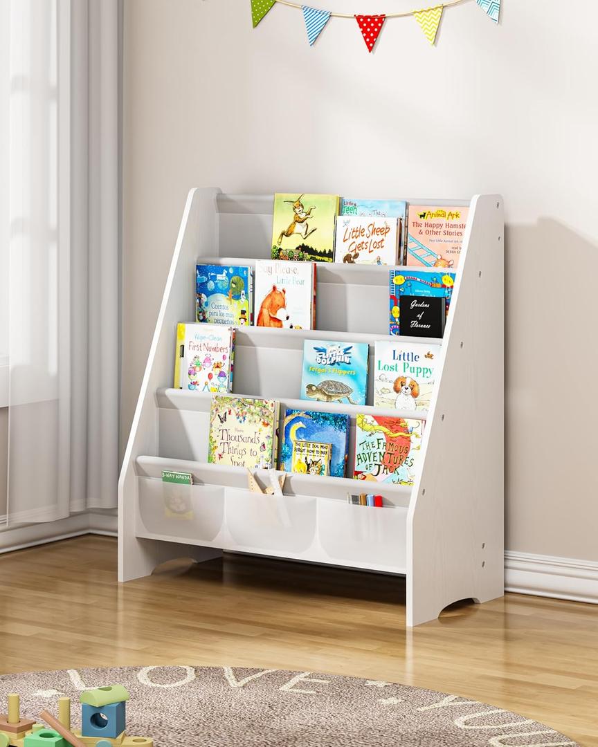 SEIRIONE Sturdy Kids Bookshelf,4-Tier Book Shelf for Kids Room with Tear-Proof Oxford Fabric-Nursery Room Playroom Classroom,Deep Slings to Keep Books Upright,Ideal Height for Toddler Age 3+, White