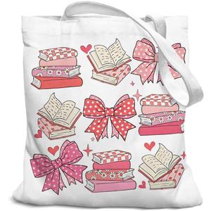 Coquette Pink Dots Bow Book Tote Bag, Book Tote Bag for Book Lovers, Library Book Bag, Book Lovers Gifts, Librarian Gifts, Teacher Gifts, Book Club Gifts, Grocery Bags Reusable Shopping Bags