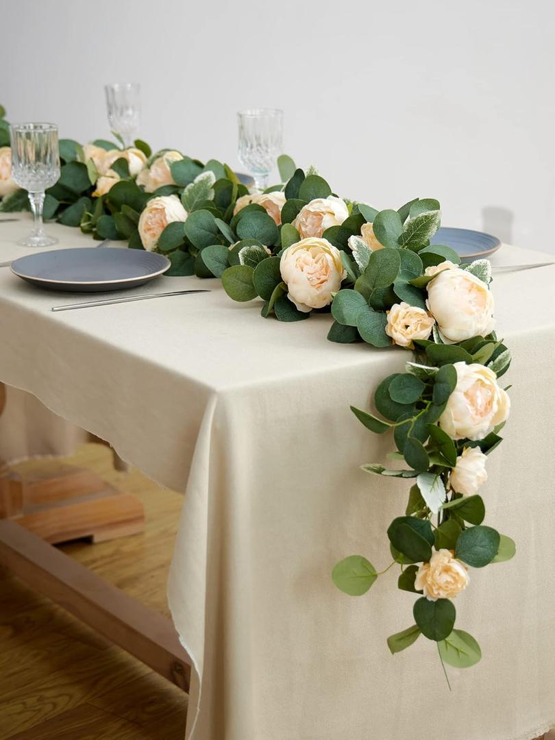 MISSPIN 2pcs Artificial Flowers Garland Spring Eucalyptus Garland Vintage Fake Flower Peony Rose Vine Greenery Decorative Wall Hanging Plant for Wedding Arch Door Arrangement Party Decor (Light Champagne-2)