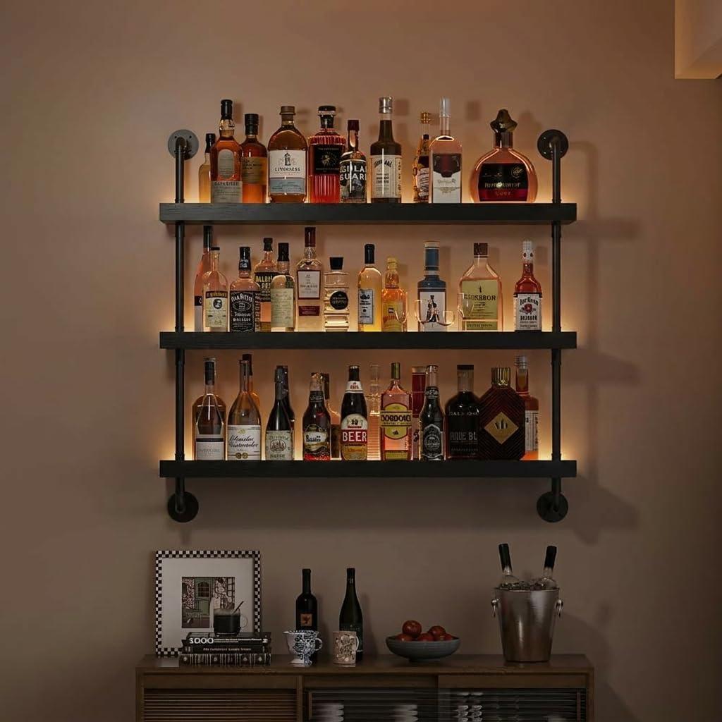 3-Tier Wall Mounted Wine Rack with LED & Black Shelves,47.21"